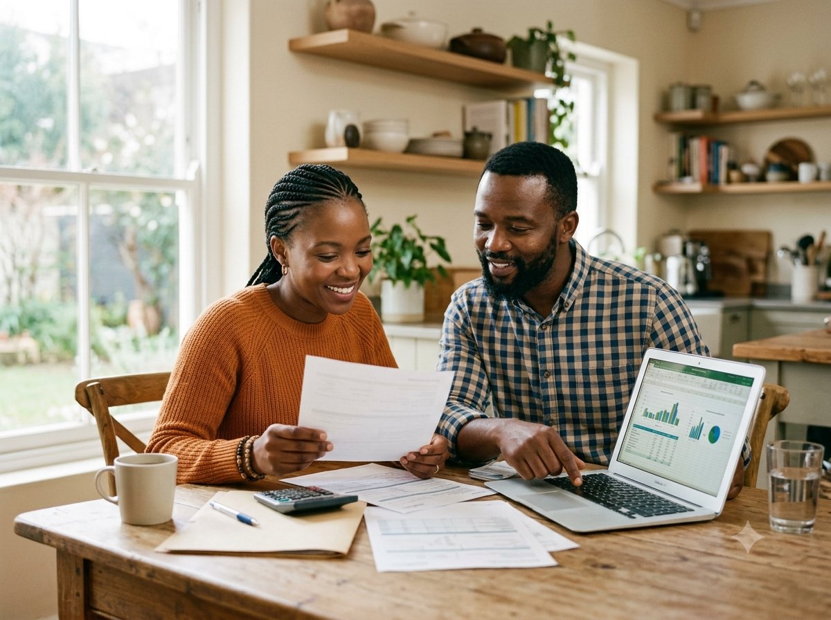 Couple reviewing their debt review paperwork together at home