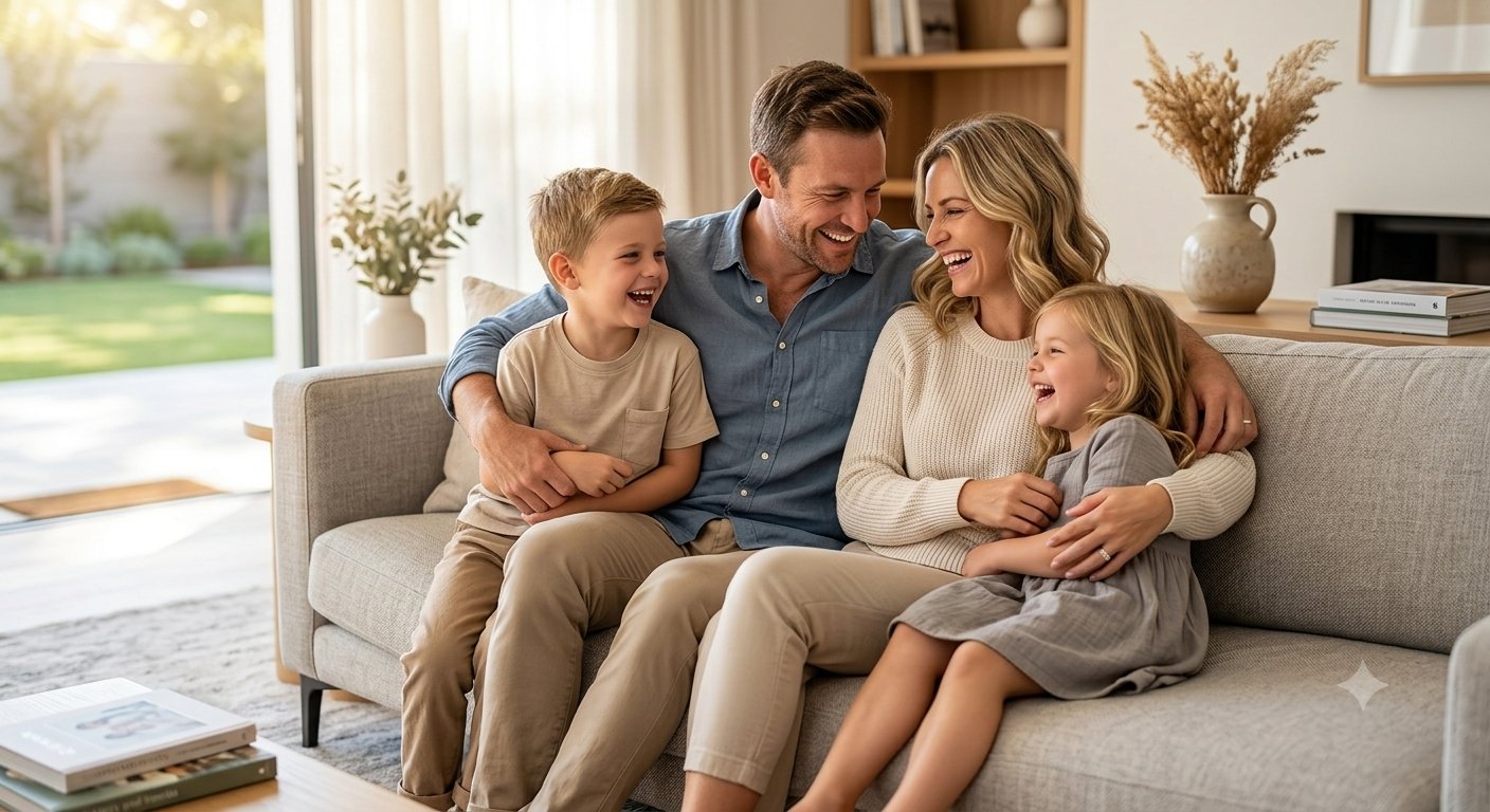 Happy family relaxing at home after taking control of their finances with Debt Structure